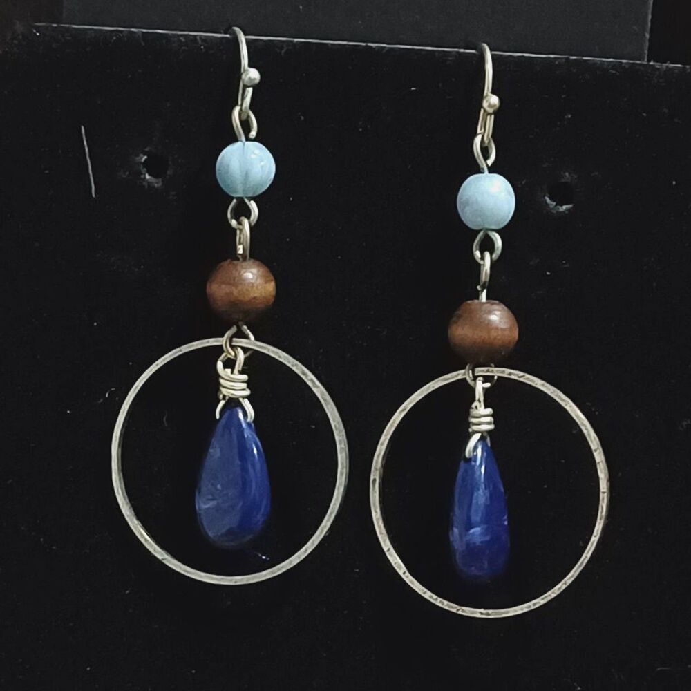 Silver-Toned Earrings w/ Wooden Beads & Blue Stones - Picture 1 of 1